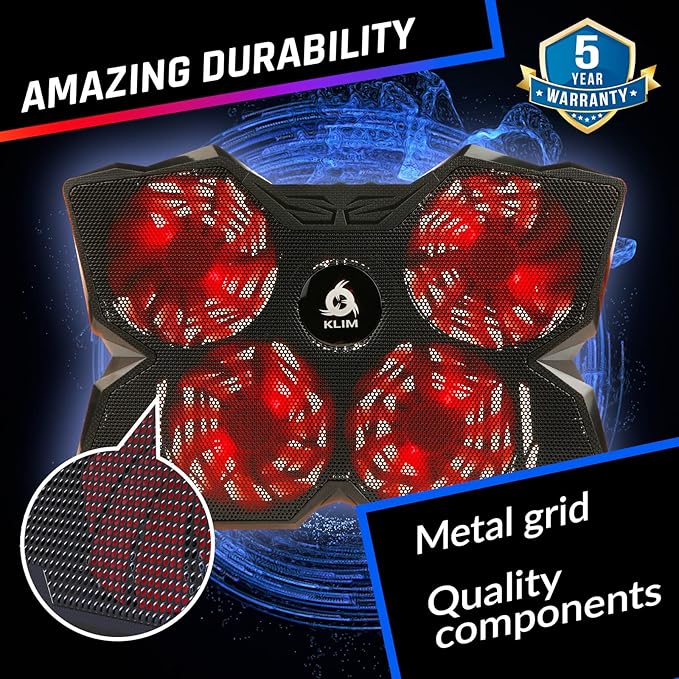 KLIM Wind Laptop Cooling Pad - More Than 500 000 Units Sold - New - The Most Powerful Rapid Action Cooling Fan - Laptop Stand with 4 Fans at 1200 RPM - USB - PS5 PS4 - Red