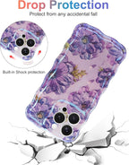 Jusy Compatible with iPhone 15 Pro Max, Colorful Retro Oil Painting Printed Flower Laser Glossy Pattern Cute Curly Wave Phone Case Soft TPU Cover for Girly Women -Purple