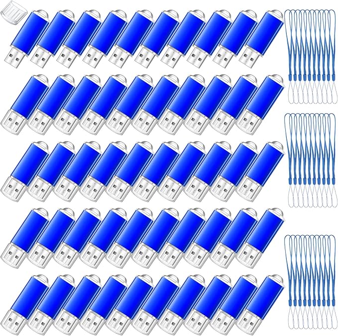 Hoteam 50 Pack USB 2.0 Flash Drives Bulk Blue Portable Thumb Drive with Hat USB Sticks Bulk with 50 Pcs Lanyards for Data Storage File Sharing Commercial Gift(256MB)