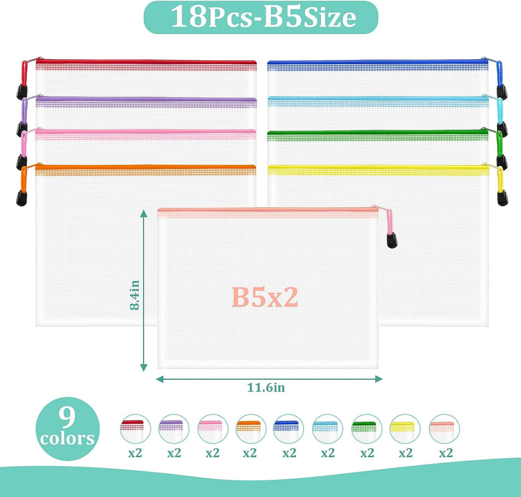 18pcs Mesh Zipper Pouch Bags, B5 Mesh Pouch, 9 Color Zipper Pouches for Organizing, Board Game Storage, Travel, School, Office