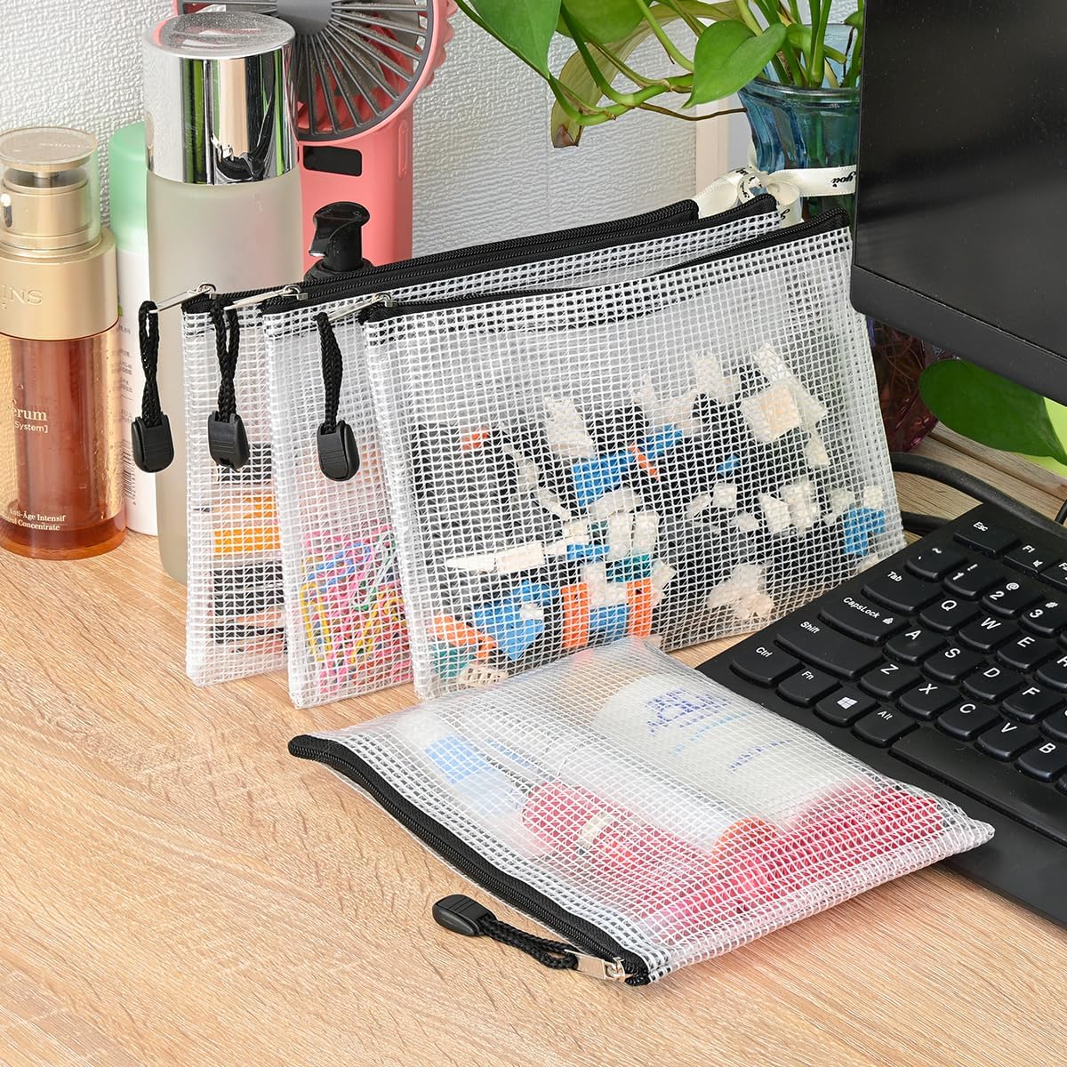 AUSTARK 10 Pcs Zipper File Bags, Waterproof Plastic Mesh Pouch for Office School, Board Game Storage Bags (B6 Size 7.6''x5.3'', White and Black)