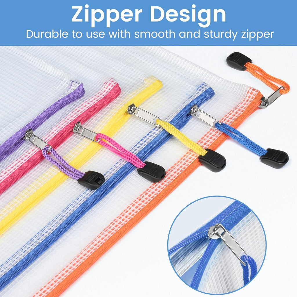 Sooez 24 Pack Mesh Zipper Pouch Bags with Label Pocket, A5 (9.4×6.8 in) Small Pencil Case Pouch for Organizing, Clear Plastic Pencil Pouches Bulk for School Supplies Storage, Money Envelopes for Cash
