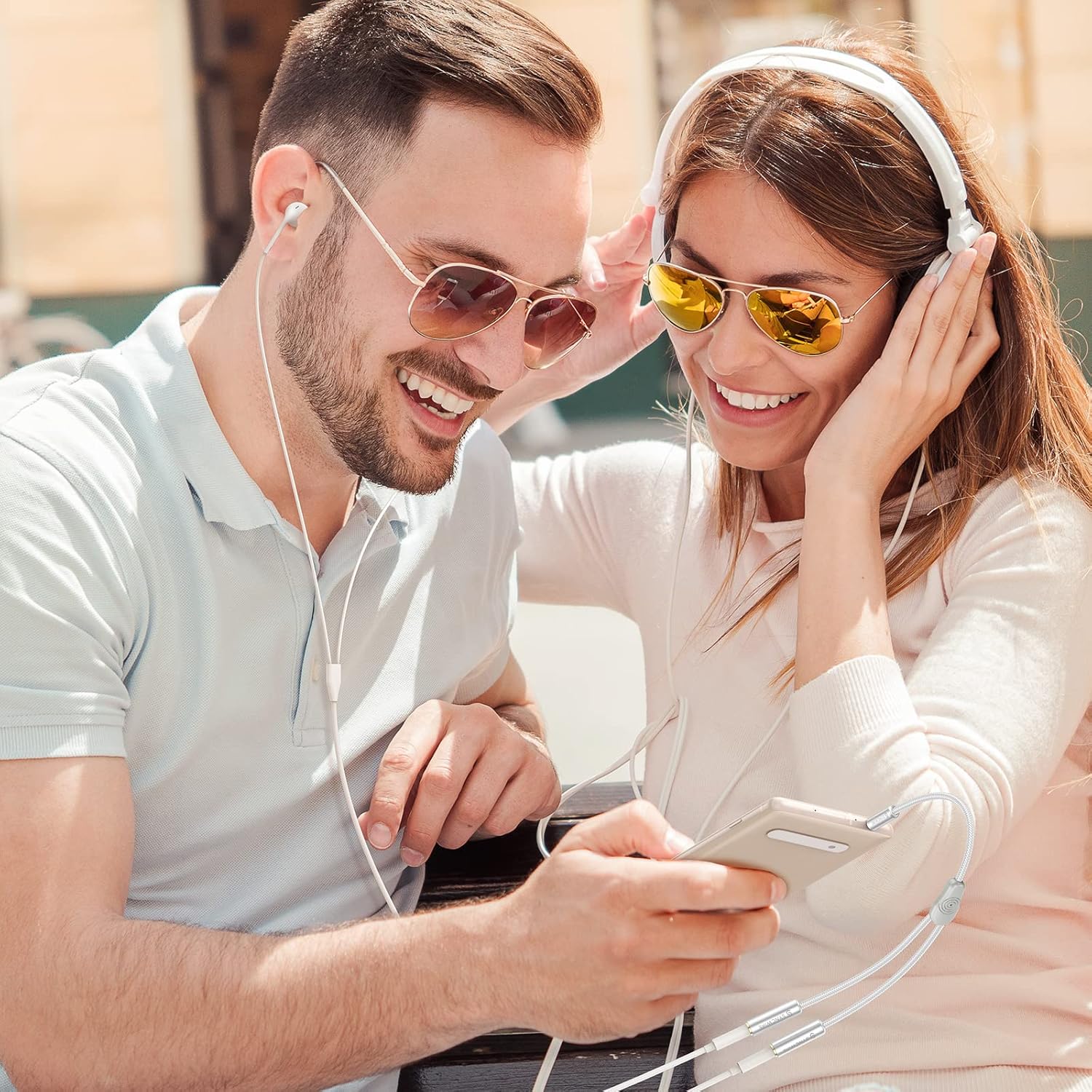 SYNCWIRE Headphone Splitter, Nylon-Braided 3.5mm Extension Cable Audio Stereo Y Splitter (Hi-Fi Sound), 3.5mm Male to 2 Ports 3.5mm Female Headset Splitter for Apple, Samsung & More (No Mic) - Silver