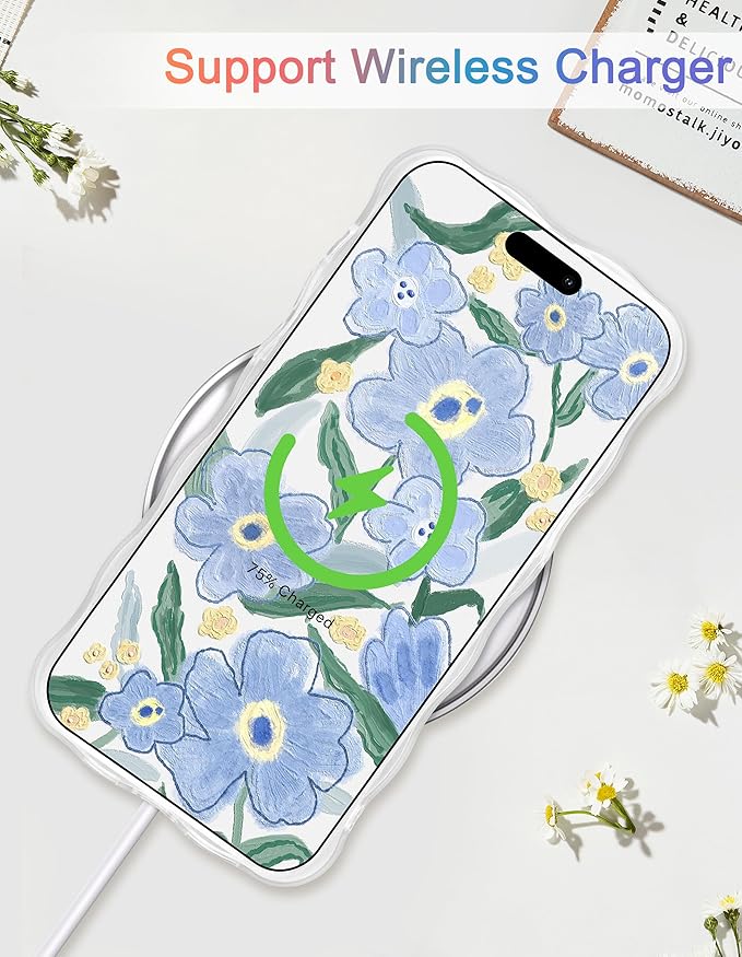 Jusy Compatible with iPhone 14 Pro Max, Colorful Retro Oil Painting Printed Flower Laser Glossy Pattern Cute Curly Wave Phone Case Soft TPU Cover for Girly Women - Blue Flower