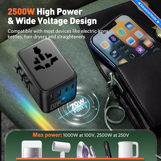 70W International European Travel Plug Adapter - HICHOR Fast Universal Travel Plug Adapter for US to Europe Worldwide Adaptor 1 AC Outlet 2 Type-A 3 Type-C EU UK Spain Australia Ireland Italy