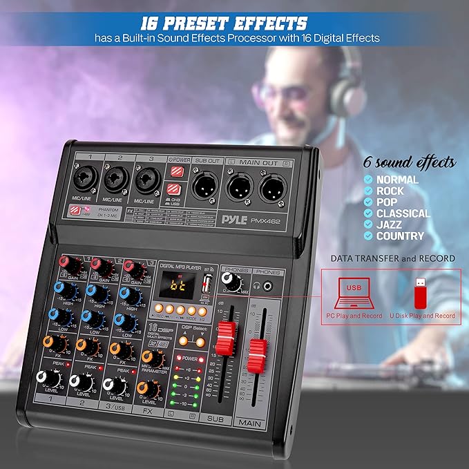 Pyle Professional DJ Audio Mixer - 3-Channel Controller with 16 Preset DSP Effects - USB Interface - 3 Mic/Line Inputs - +48V Phantom Power - Built-in FX Processor - MP3 Player/Headphone Jack - PMX462
