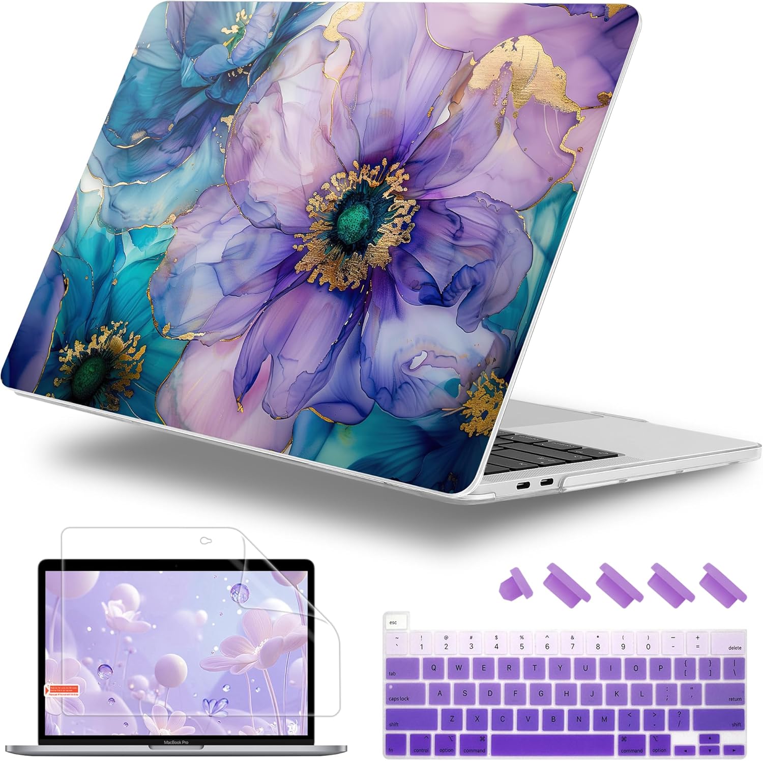 Case for MacBook Pro 13 inch with/Without Touch Bar (2016-2022, M2 A2338 M1 A2289 A2251 A2159 A1989 A1706 A1708), Hard Shell + Keyboard Cover + Dust Plug, Fluid Art Flowers