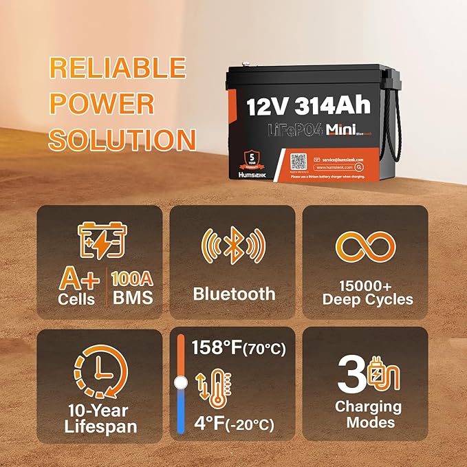 12V 314Ah LiFePO4 Lithium Battery with Bluetooth – 4.19kWh Energy, 100A BMS, 15000+ Cycles, Low-Temp Protection – for RV, Marine, Solar, Off-Grid, Home Backup (Compact & Lightweight)