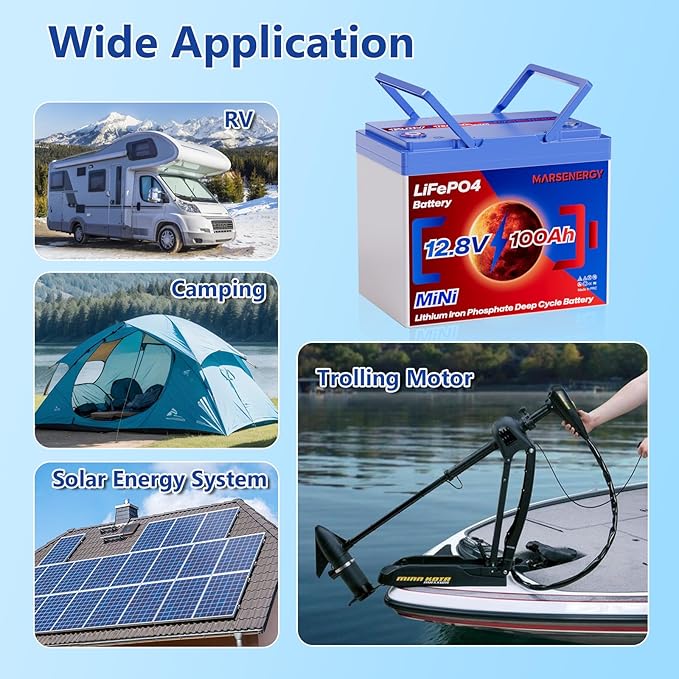 12V 100Ah Lifepo4 Battery, Bci Group 24, Built-In 100A Smart BMS, 4500 To 15000 Deep Cycle Grade A Cells Lithium Battery For Rv, Trolling Motor, Marine, Home Energy Storage, Solar Panel System (B-1PC)