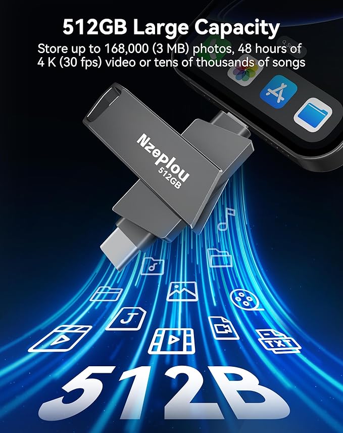 Flash Drive for iPhone iPad, USB3.0 High-Speed Memory Stick No App Needed, Lightening & USB-C External Memory Storage for Photos Videos, Picture Backup Thumb Drive Plug & Play (512GB, Space Gray)