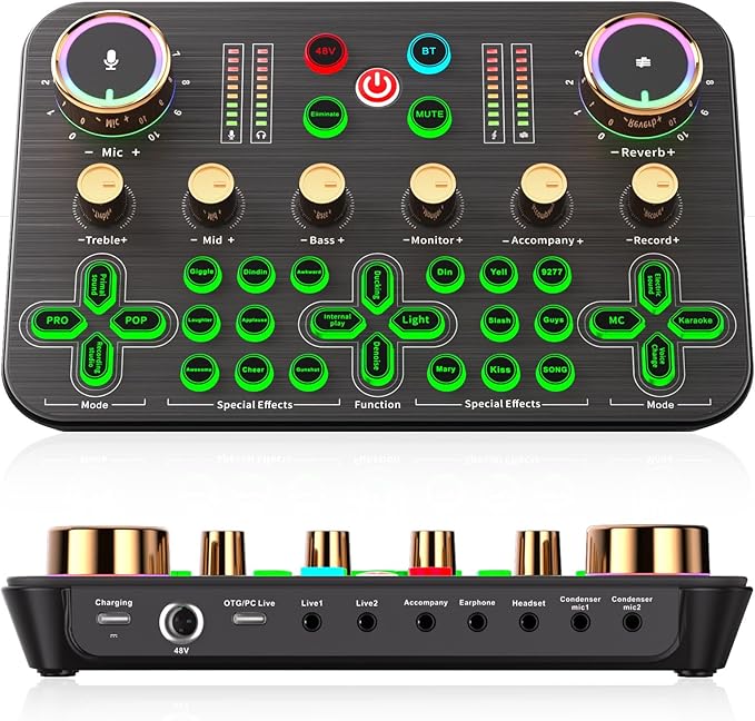 Facmogu K600 Gaming Audio Mixer, Streaming Audio Mixer with XLR Microphone Support, DJ Mixer Built-in 48V Phantom Power, Live Sound Card for PC Phone Live Streaming Podcasting Karaoke Tiktok YouTube