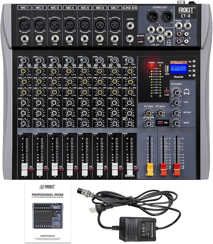 Pro DJ Mixer 8-Channel Audio Console - Bluetooth/USB Streaming, 48V Phantom Power, 3-Band EQ for Live Stage, Recording Studio & Karaoke Systems (CT-8)