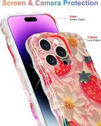 Jusy Compatible with iPhone 15 Pro Max, Colorful Retro Oil Painting Printed Flower Laser Glossy Pattern Cute Curly Wave Phone Case Soft TPU Cover for Girly Women - Strawberry Flower