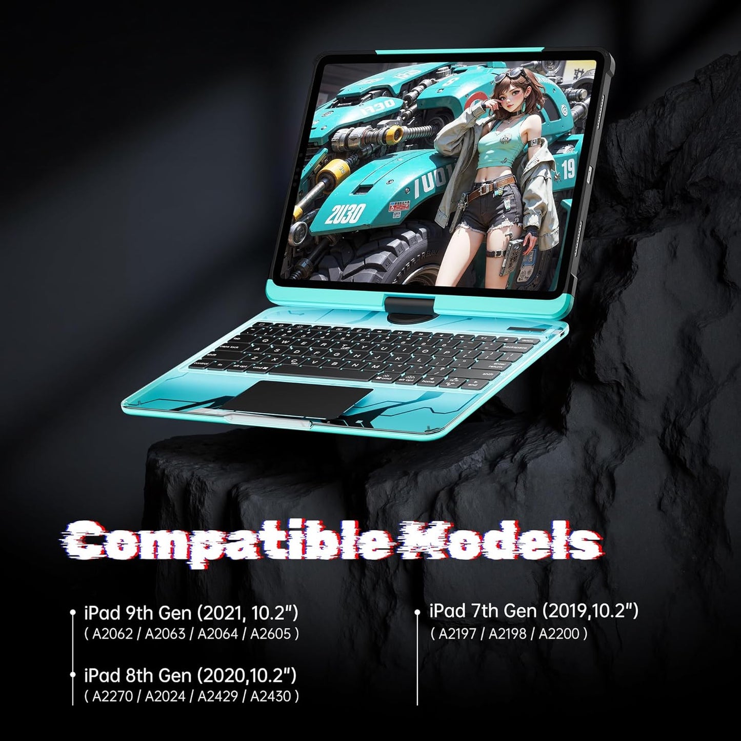 KITONE Transparent Case with Wireless Keyboard for iPad 10.2-in (7th, 8th, and 9th Gen), 7 Colors Backlight, Trackpad, 360°Rotating Stand, Tech Style