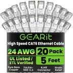 GEARit Cat 6 Ethernet Cable (20-Pack 5 Feet) Cat6 Network Patch, 10Gbps, RJ45, Snagless Cord, Gold-Plated Connectors, Internet for PC, TV, Tablet, Router, Printer, Servers, IT Data Center - White