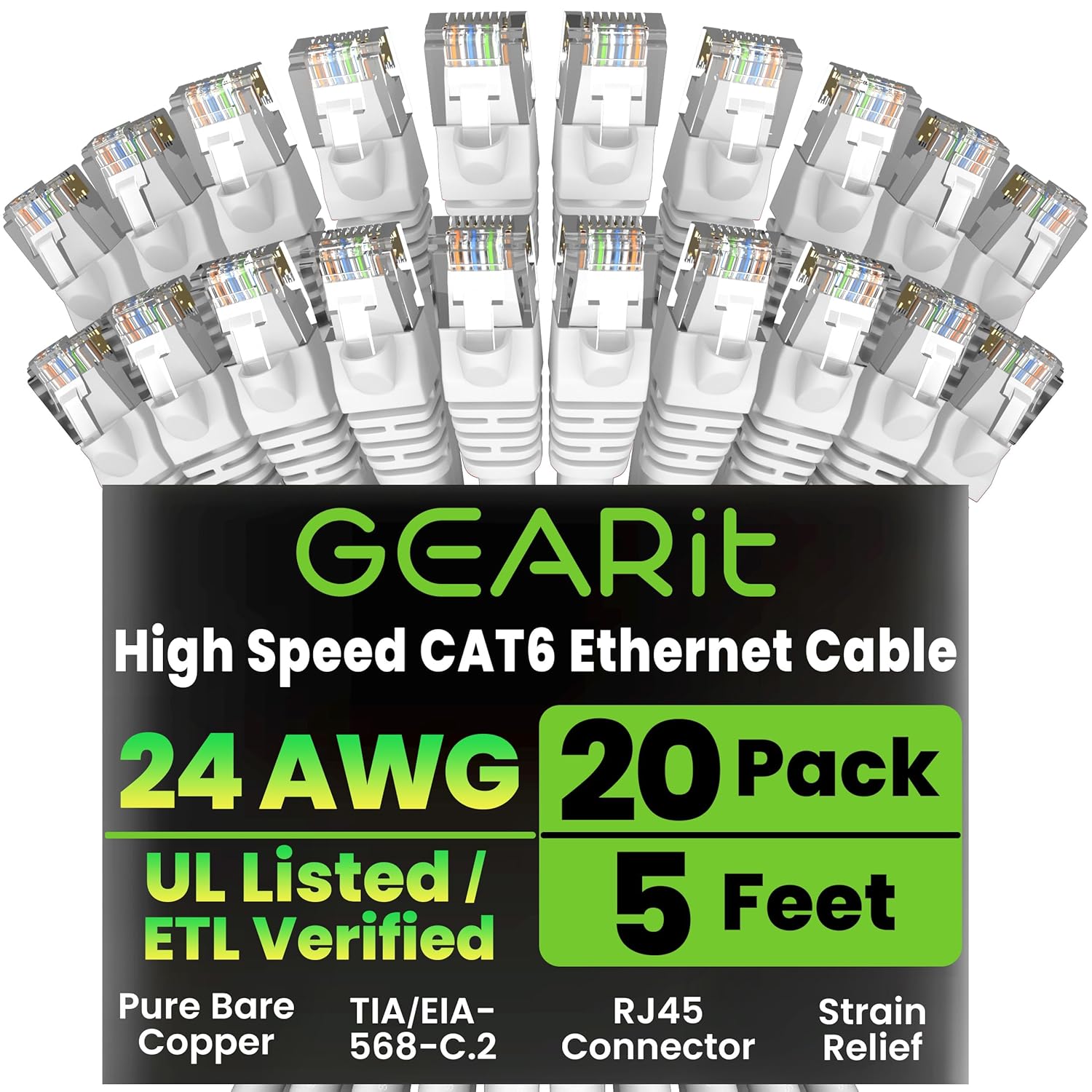 GEARit Cat 6 Ethernet Cable (20-Pack 5 Feet) Cat6 Network Patch, 10Gbps, RJ45, Snagless Cord, Gold-Plated Connectors, Internet for PC, TV, Tablet, Router, Printer, Servers, IT Data Center - White