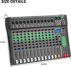 12 Channel Audio Mixer, Professional DJ Mixer Board Sound Music Mixing Console Digital Mixer with Reverb, Bluetooth, USB Port, 48V Phantom Power for Recording Karaoke Podcasting