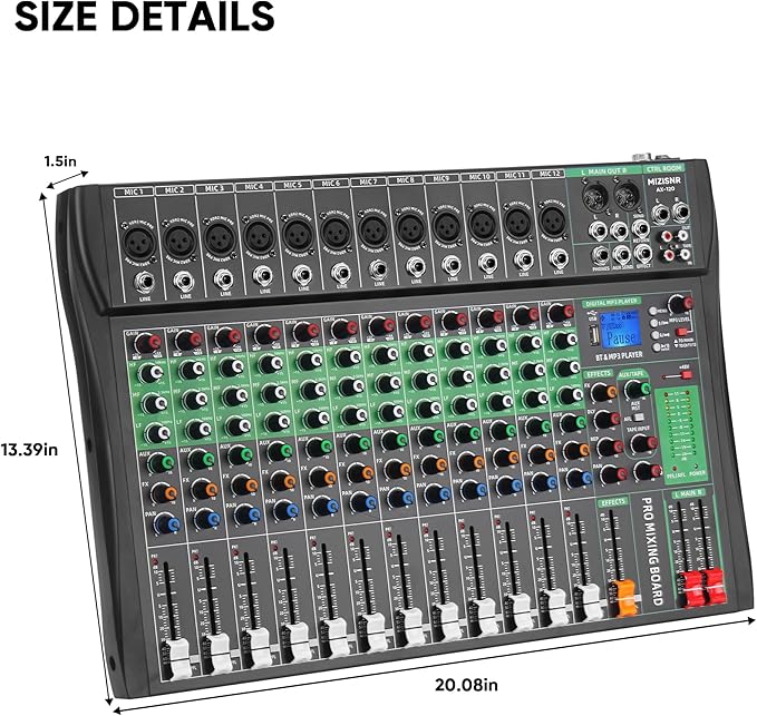 12 Channel Audio Mixer, Professional DJ Mixer Board Sound Music Mixing Console Digital Mixer with Reverb, Bluetooth, USB Port, 48V Phantom Power for Recording Karaoke Podcasting