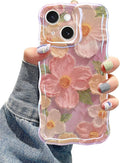 Jusy Case for iPhone 15, Colorful Retro Oil Painting Printed Flower Laser Blue Glossy Pattern Cute Curly Wave Phone Case Soft TPU Cover for Girly Women -Pink