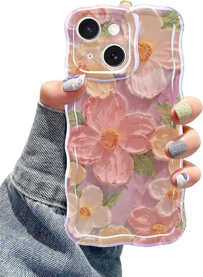 Jusy Case for iPhone 15, Colorful Retro Oil Painting Printed Flower Laser Blue Glossy Pattern Cute Curly Wave Phone Case Soft TPU Cover for Girly Women -Pink