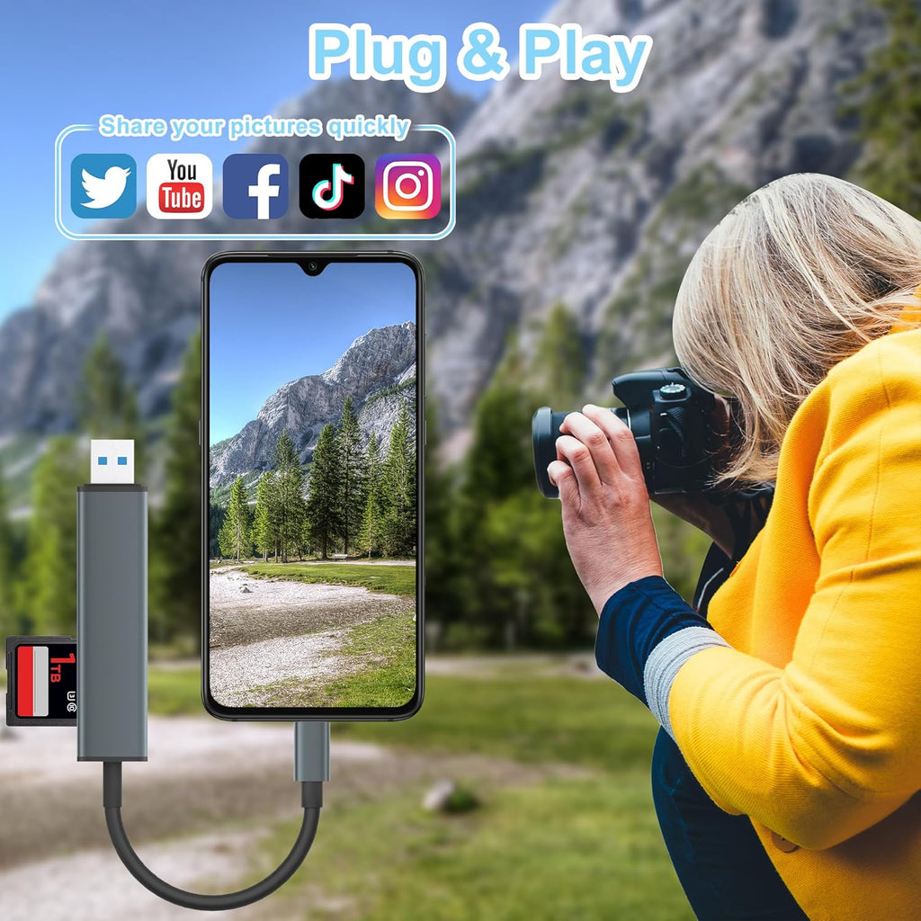 USB 3.0 SD Card Reader with Dual USB Ports, USB C SD Card Reader for iPhone 15/iPad/Mac 4 Ports Read and Write Simultaneously Memory Card Adapter for MacBook Pro/Air iMac Android S23 S22