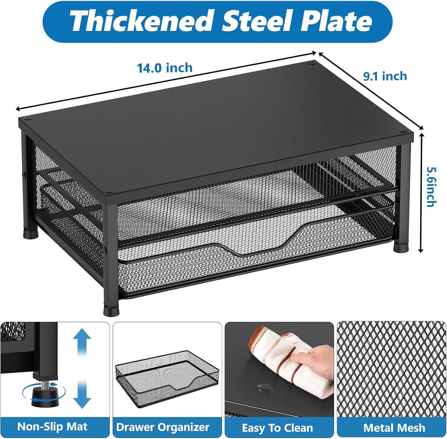 Desk Organizers and Accessories, 2-Tier Computer Monitor Stand Riser with Drawer, Laptop Stand, Office Desk Accessories, Workspace Desktop Organizer for Office Supplies, Black