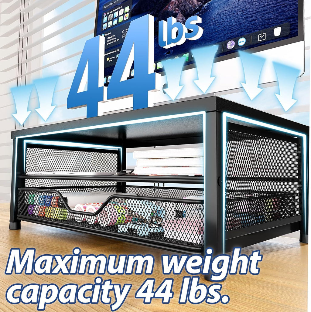 Desk Organizers and Accessories, 2-Tier Computer Monitor Stand Riser with Drawer, Laptop Stand, Office Desk Accessories, Workspace Desktop Organizer for Office Supplies, Black