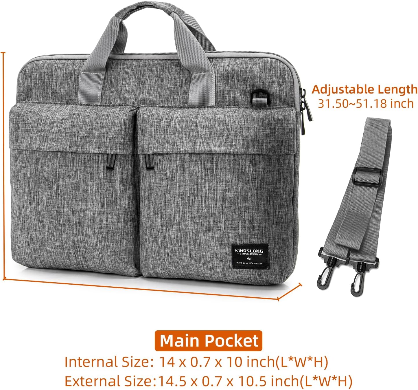 KINGSLONG 14 inch Laptop Bag with Shoulder Strap, Messenger Bag,Slim Computer Carrying Case Notebook Handbag for Men Women Fit for Acer Asus Lenovo HP Toshiba, Gray