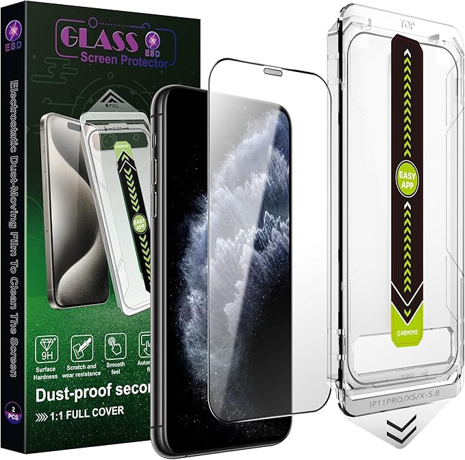 (2-Pack Ultra HD Clear Screen Protector for iPhone X/XS/11 Pro (5.8-Inch),9H Tempered Glass,Full Coverage,Anti-Fingerprint,Auto Dust Removal,Bubble-Free,Easy Installation