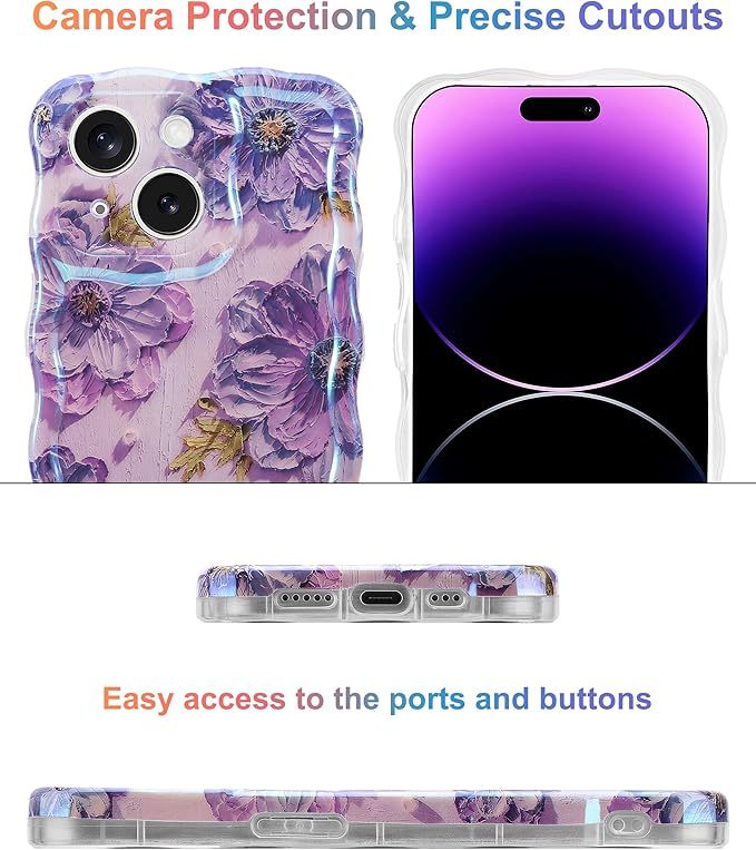 Jusy Compatible with iPhone 13, Colorful Retro Oil Painting Printed Flower Laser Glossy Pattern Cute Curly Wave Phone Case Soft TPU Cover for Girly Women - Purple