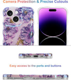 Jusy Compatible with iPhone 14 Plus/15 Plus, Colorful Retro Oil Painting Printed Flower Laser Glossy Pattern Cute Curly Wave Phone Case Soft TPU Cover for Girly Women -Purple