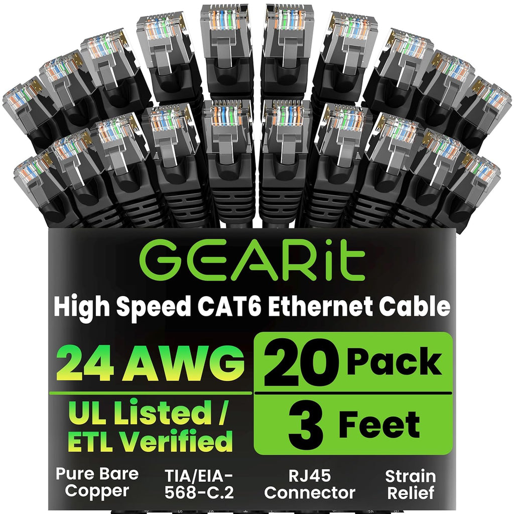 GEARit Cat 6 Ethernet Cable Pack - 20-Pack 3 ft Cat6 Ethernet Patch Cables | RJ45 Network Patch Cable, 10 Gbps Snagless Gold-Plated Connectors - Ethernet Cable Cat 6 for PC, TV, Router - Black