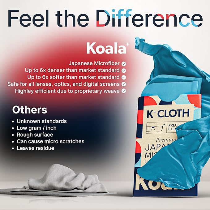 Koala Lens Cleaning Cloth | Japanese Microfiber | Glasses Cleaning Cloths | Eyeglass Lens Cleaner | Eyeglasses, Camera, VR/AR Headset, and Screen Cleaner | Blue & Purple (Pack of 2)