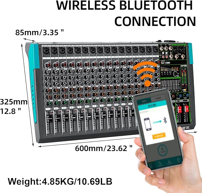 Depusheng PA16 Professional Audio Mixer Sound Board Console Desk System Interface 16 Channel Digital USB Bluetooth MP3 Computer Input 48V Phantom Power Built-in 256 Reverb Effect, Black