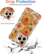 Jusy Compatible with iPhone 14 Pro Max, Colorful Retro Oil Painting Printed Flower Laser Glossy Pattern Cute Curly Wave Phone Case Soft TPU Cover for Girly Women - Sunflower