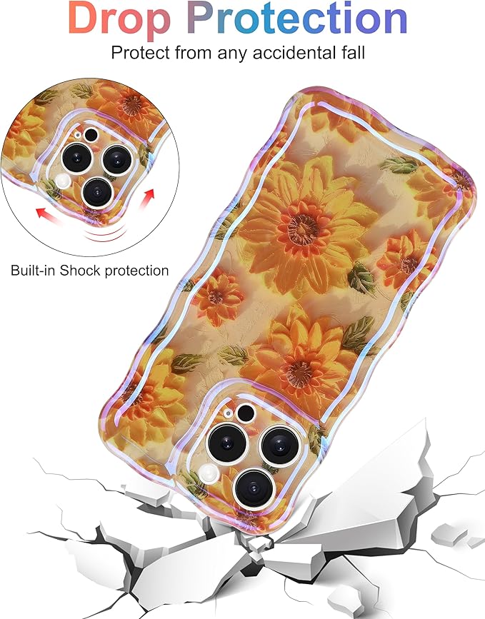 Jusy Compatible with iPhone 14 Pro Max, Colorful Retro Oil Painting Printed Flower Laser Glossy Pattern Cute Curly Wave Phone Case Soft TPU Cover for Girly Women - Sunflower