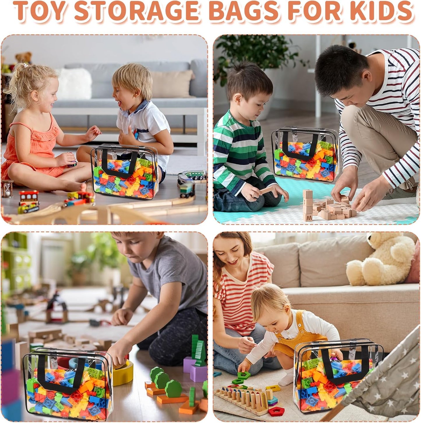 18 Packs Large Toy Storage Bags with Labels, Waterproof Clear Pvc Storage Bags for Toys, Travel Organizer Bags with Zipper Closure for Puzzles, Building Blocks, Kids' Books