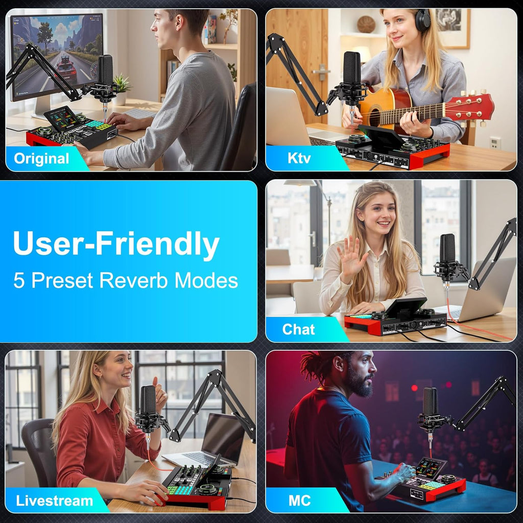 Podcast Equipment Bundle with 3.5mm Condenser Microphone for Pc/Phone Live Streaming Singing Gaming, Podcast Microphone Bundle with Live Sound Card Audio Mixer,Voice Changer, Denoise,DJ Sets