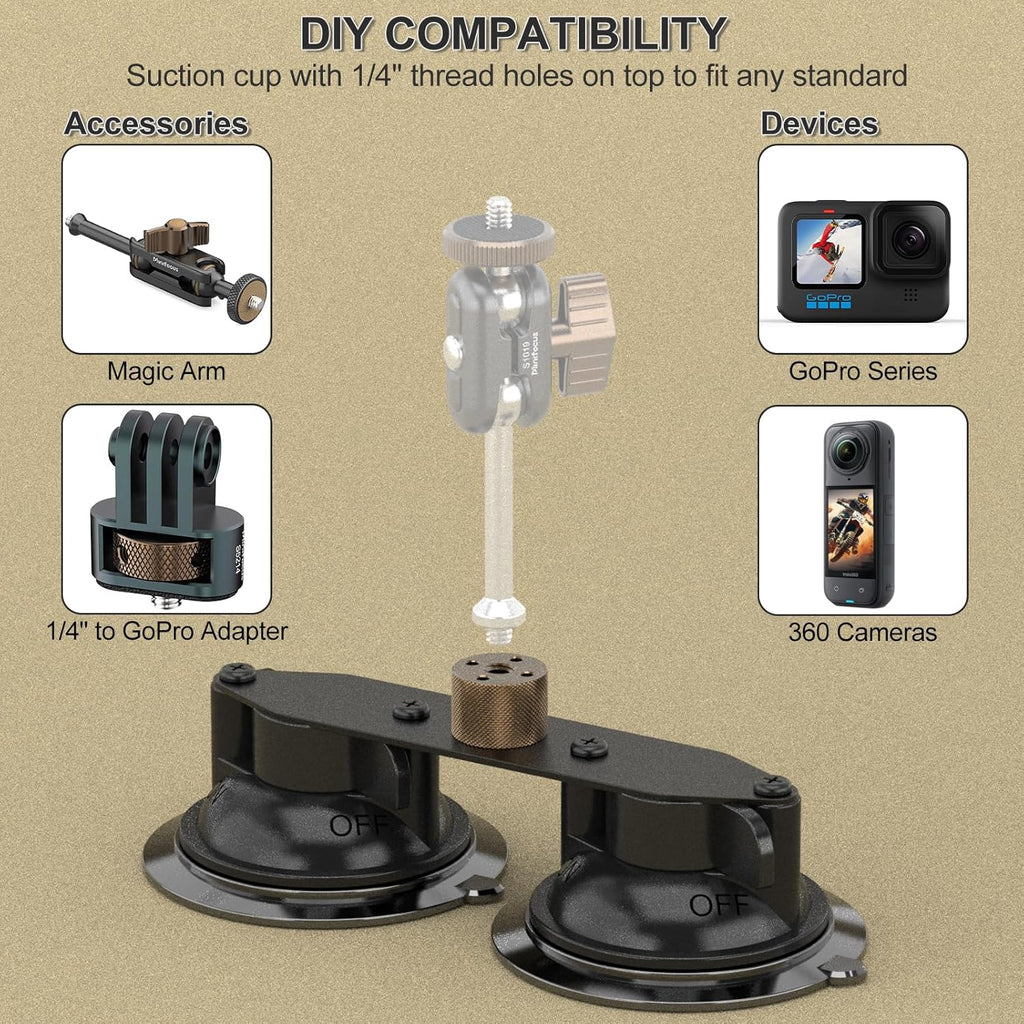 MINIFOCUS Dual Suction Cup Mount, Twist-Lock Dual Suction Cup Base with Camera Thread Adapter, Quick Release Double-Layer Suction, Windshield Window Car Mount for Magic Arm Gopro Adapter