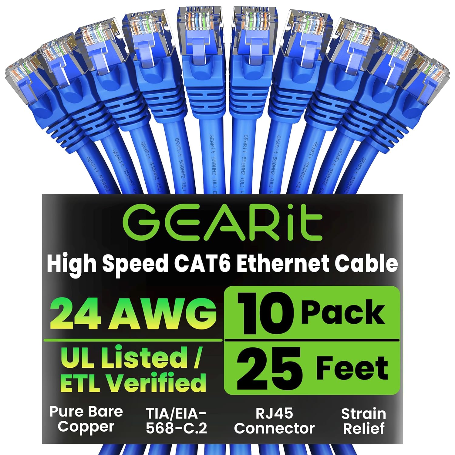 GearIT Cat 6 Ethernet Cable Pack - 10-Pack 25 ft Cat6 Ethernet Patch Cables | RJ45 Network Patch Cable, 10 Gbps Snagless Gold-Plated Connectors - Ethernet Cable Cat 6 for PC, TV, Router - Blue