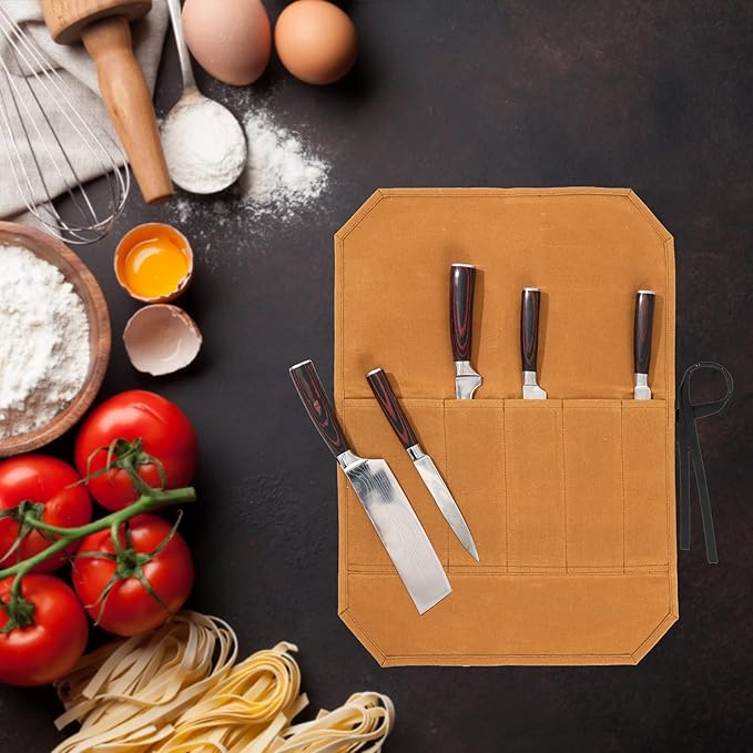 Knife Roll Bags, 16oz Waxed Canvas Knife Holder (5 Slots & Specialized Anti Cutting Fabric), Multi-Purpose Knife Pouch with Tie Rope, Khaki