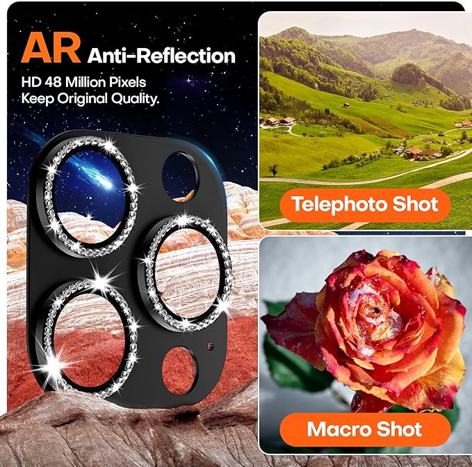Camera Lens Protector for iPhone 16 Pro Max/16 Pro/15 Pro Max/15 Pro/14 Pro Max/14 Pro, Aluminum Alloy Sapphire Glass Camera Screen Cover, Case Friendly- Black Diamond