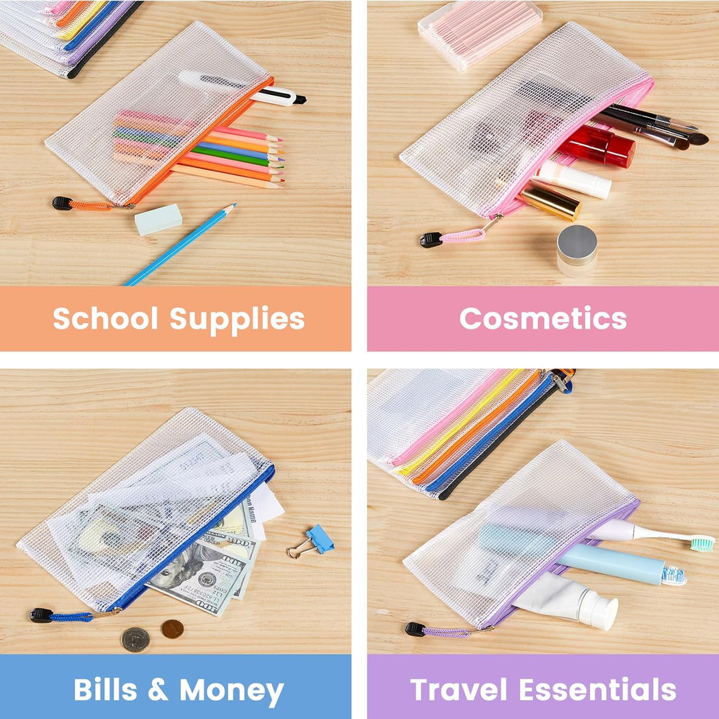 Sooez 24 Pack Mesh Zipper Pouch Bags with Label Pocket, A6 (9.1×4.7 in) Small Pencil Case Pouch for Organizing, Clear Plastic Pencil Pouches Bulk for School Supplies Storage, Money Envelopes for Cash