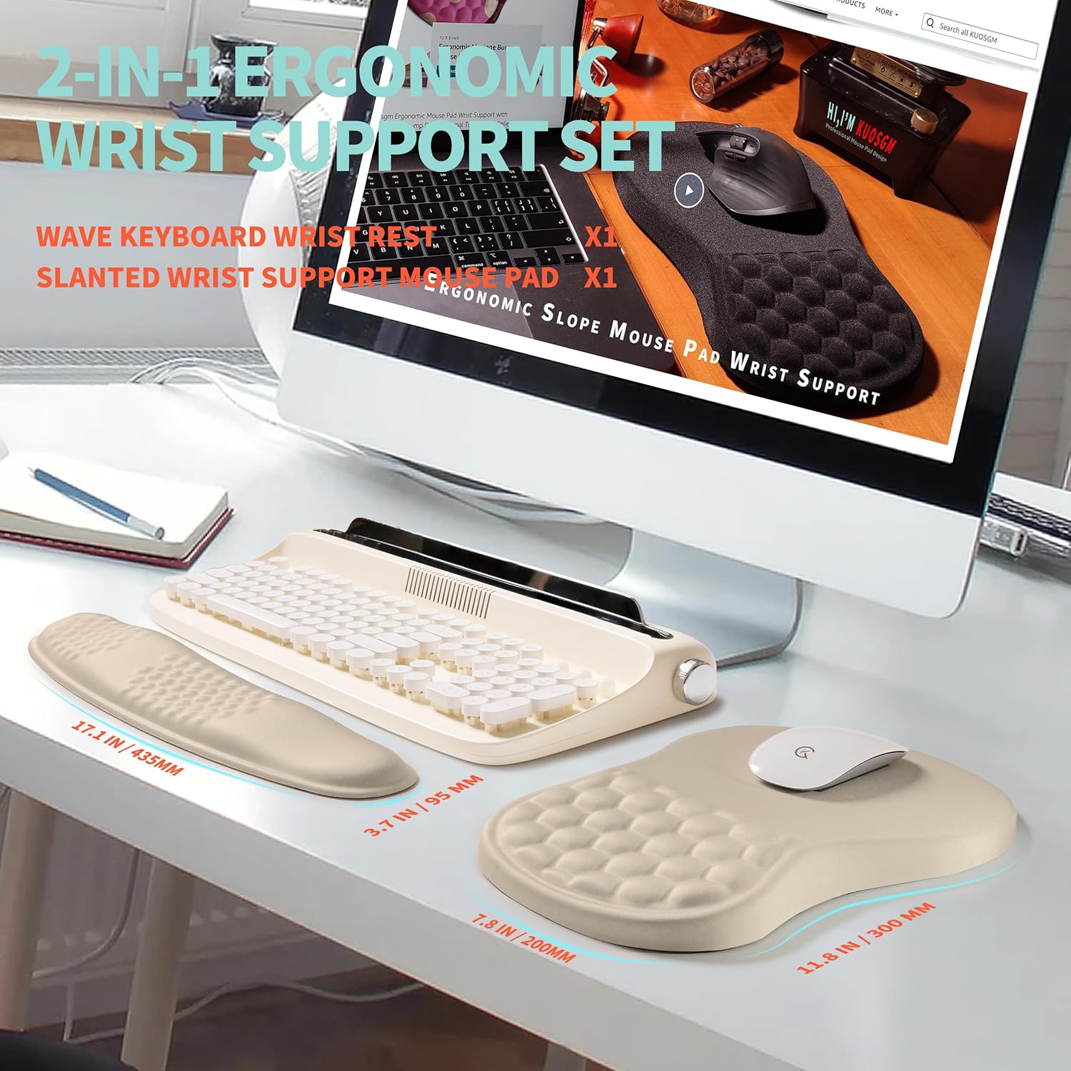 2-in-1 Ergonomic Set, Wave Rise Keyboard Wrist Rest and Massage Bulge Slope Mouse Pad Wrist Support, Cushion Memory Foam Integrated to Relieve Wrist Pain, Apricot