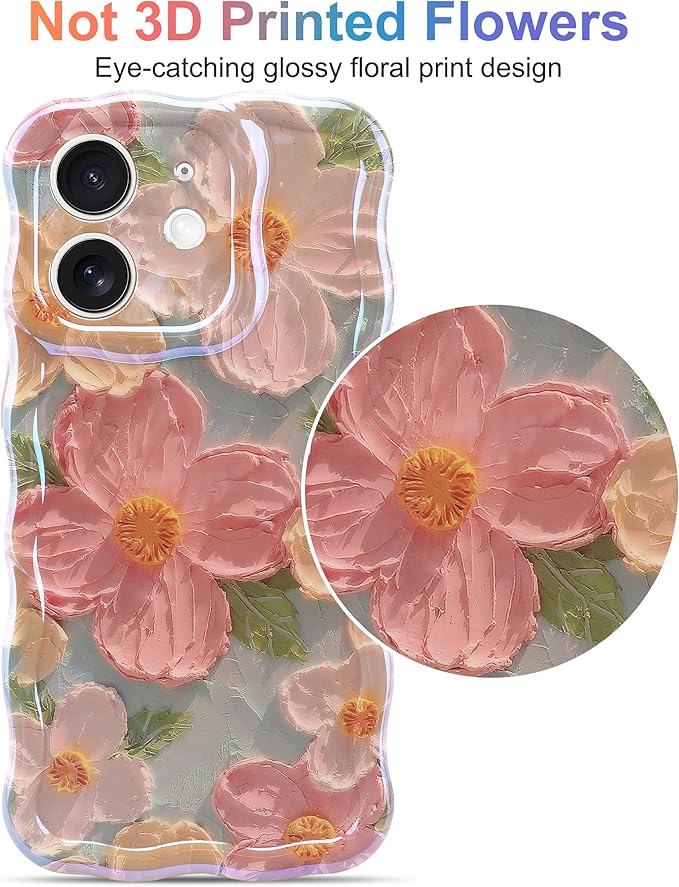 Jusy Case for iPhone 11, Colorful Retro Oil Painting Printed Flower Laser Blue Glossy Pattern Cute Curly Wave Phone Case Soft TPU Cover for Girly Women -Green