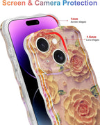 Jusy Compatible with iPhone 15, Colorful Retro Oil Painting Printed Flower Laser Glossy Pattern Cute Curly Wave Phone Case Soft TPU Cover for Girly Women - Pink Rose