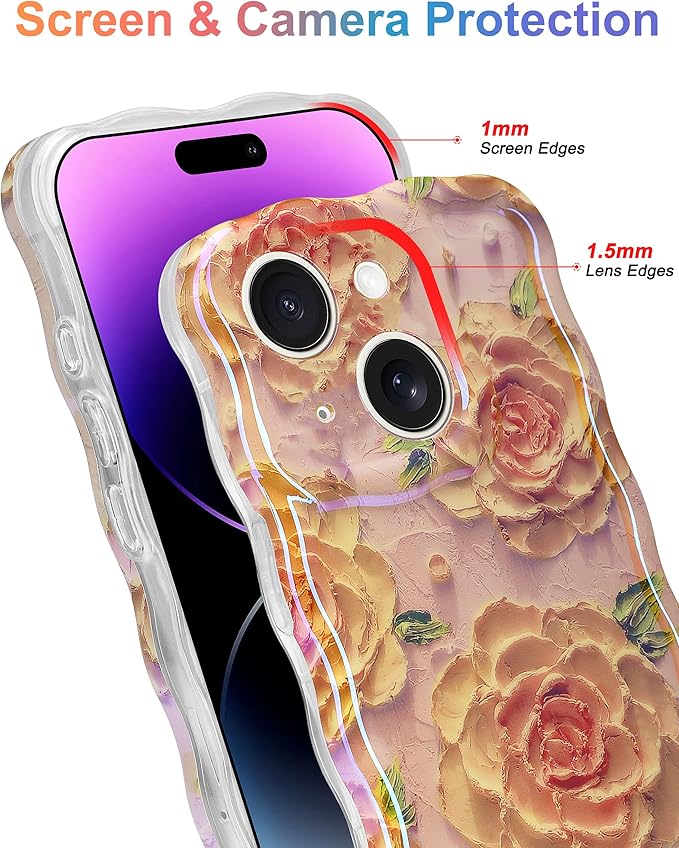 Jusy Compatible with iPhone 13, Colorful Retro Oil Painting Printed Flower Laser Glossy Pattern Cute Curly Wave Phone Case Soft TPU Cover for Girly Women - Pink Rose