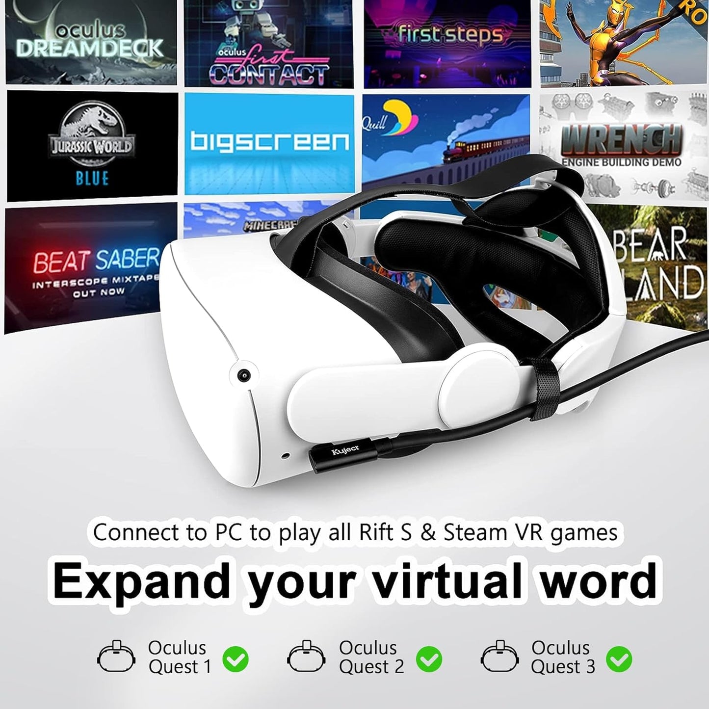 Kuject Link Cable 20FT Compatible for Quest 3S/3, Quest 2/Pro, Pico 4, Nylon Braided Accessories for Rift S/Steam VR Games, USB 3.0 Type C to C High Speed Data Transfer Charging Cord for Gaming PC