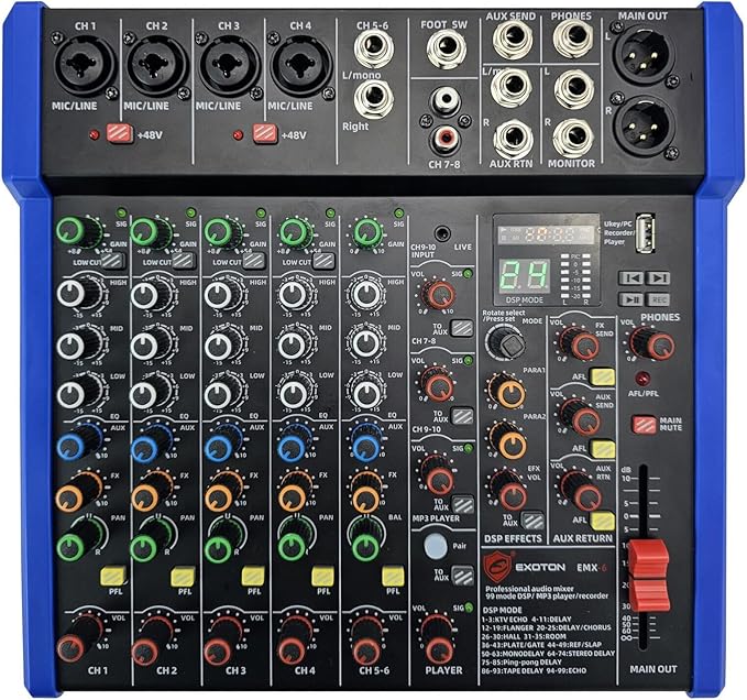 EXOTON Professional Audio Mixer Console, 6 Channel with USB, Bluetooth, MP3 Input, 48V Phantom Power, Ideal for Studio, Live Performance, and DJ Use