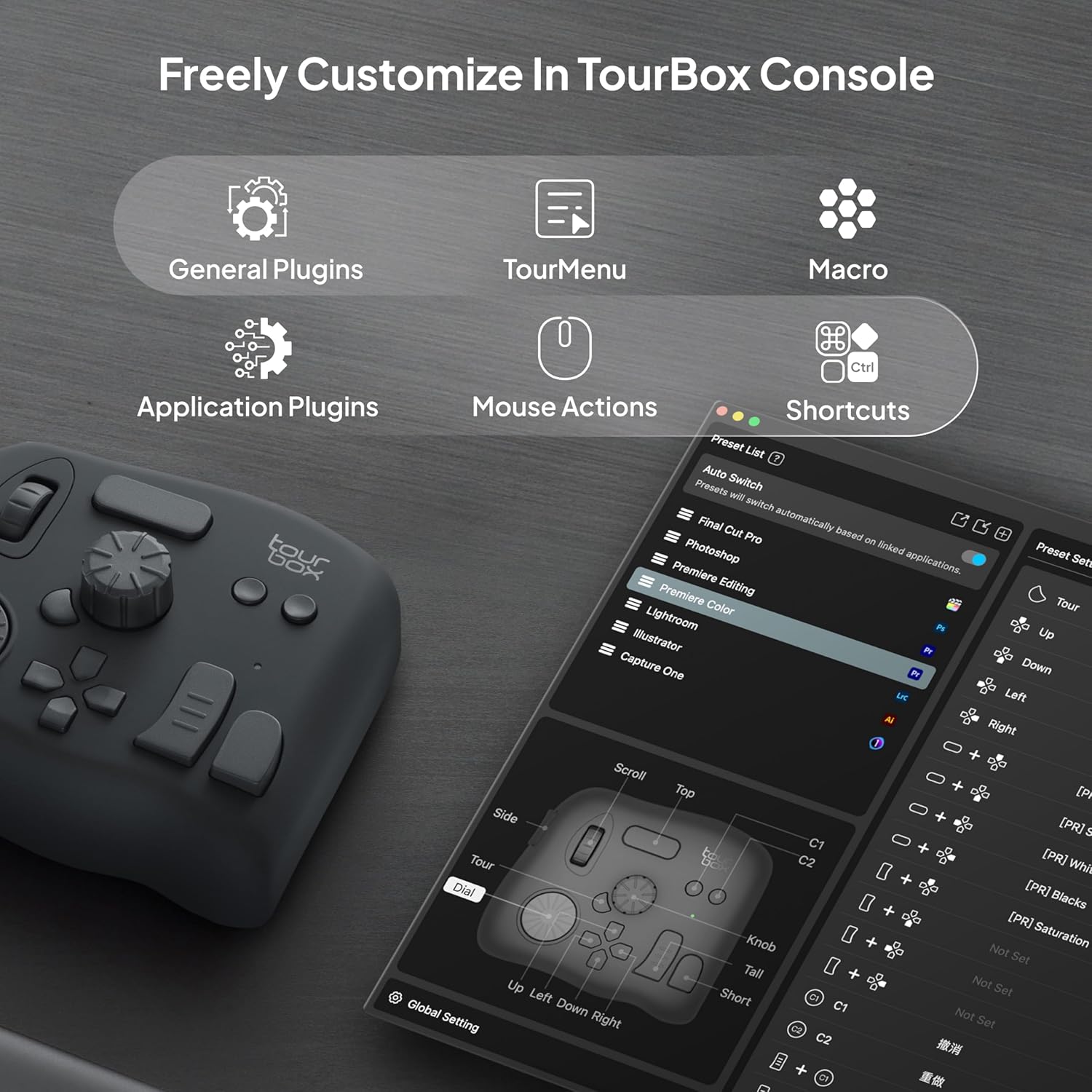 TourBox NEO - Custom Controller for Photo Video Editing, Color Grading, Illustration, MacOS/Windows, Photoshop Lightroom Davinci Resolve After Effects Premiere Final Cut Pro Programmable Keyboard